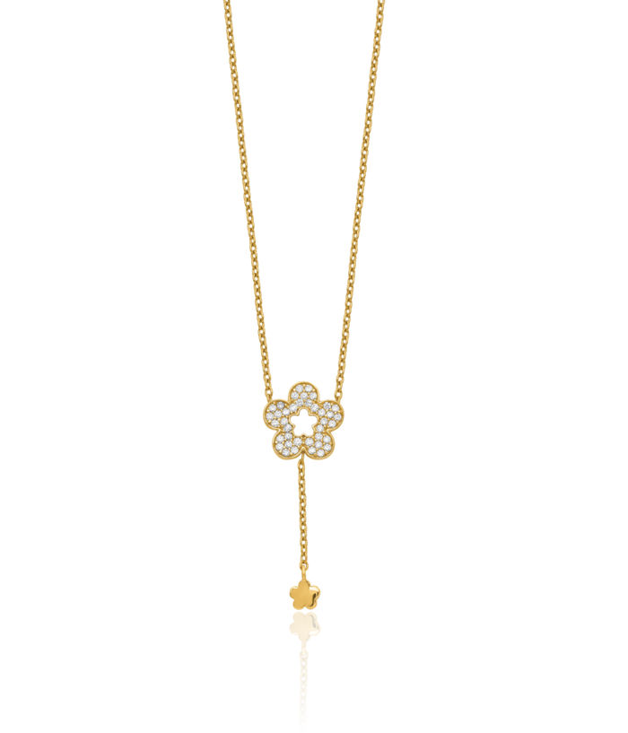 14K Solid Yellow Gold Flower Cubic Zirconia CZ Chain Necklace