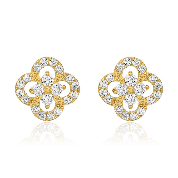 14K Solid Yellow Gold Flower Cubic Zirconia CZ Stud Earrings