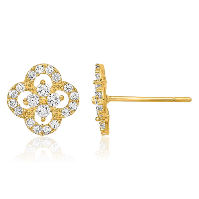 14K Solid Yellow Gold Flower Cubic Zirconia CZ Stud Earrings