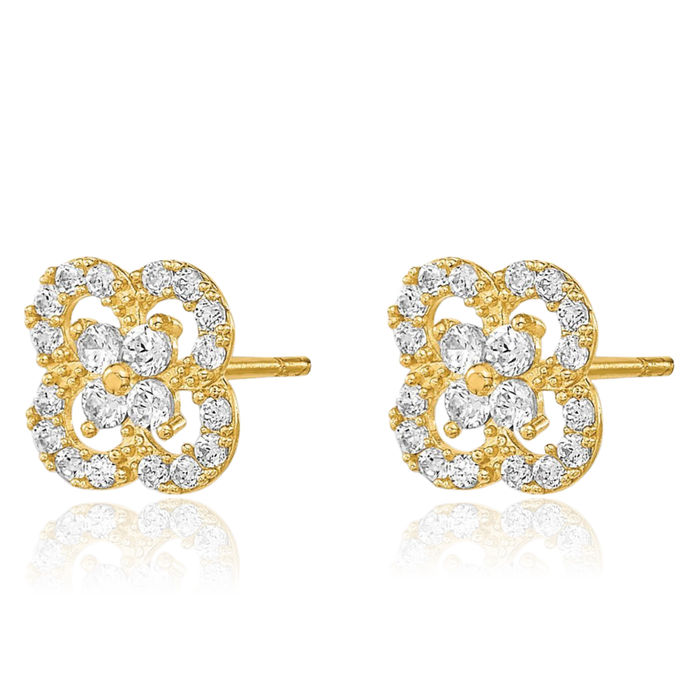 14K Solid Yellow Gold Flower Cubic Zirconia CZ Stud Earrings