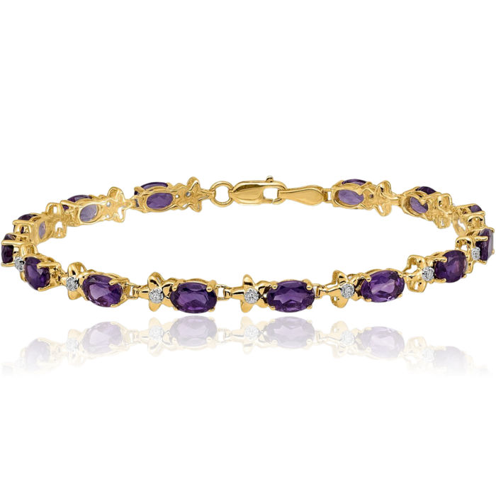 14K Solid Yellow Gold Flower Diamond Purple Amethyst Chain Tennis Charm Bracelet