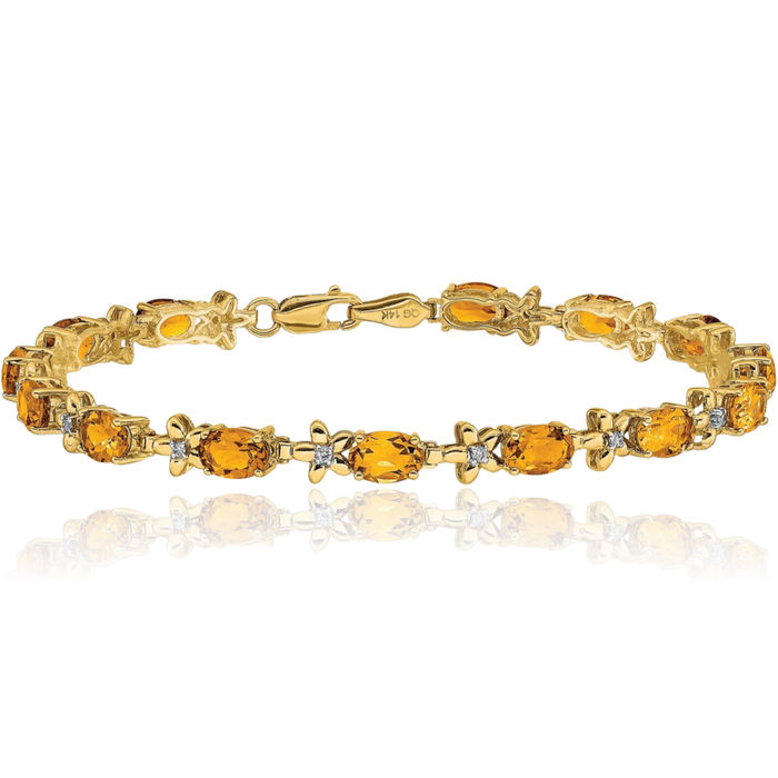 14K Solid Yellow Gold Flower Diamond Orange Citrine Chain Tennis Charm Bracelet