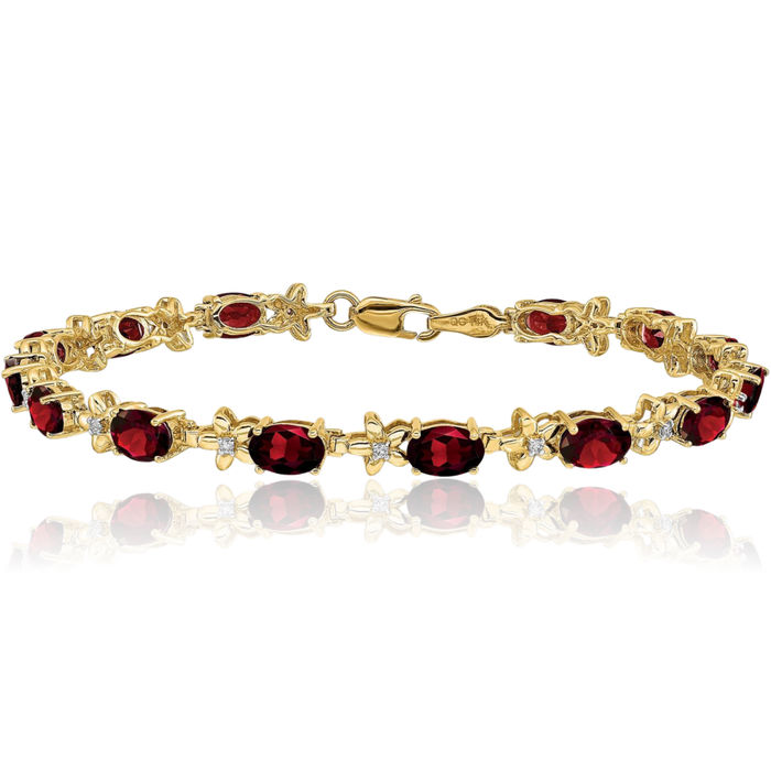 14K Solid Yellow Gold Flower Diamond Red Garnet Chain Tennis Charm Bracelet