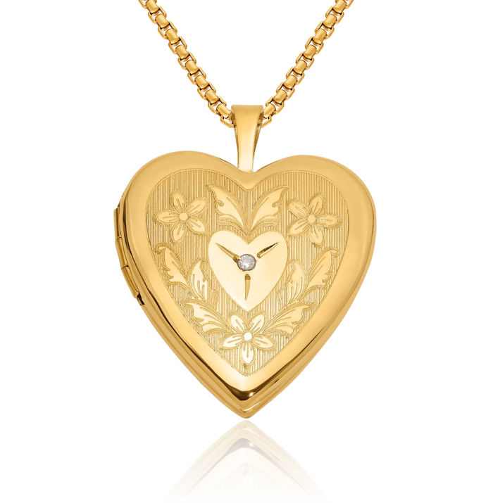 14K Solid Yellow Gold Flower Diamond Heart Personalized Photo Locket Necklace Picture Pendant Charm