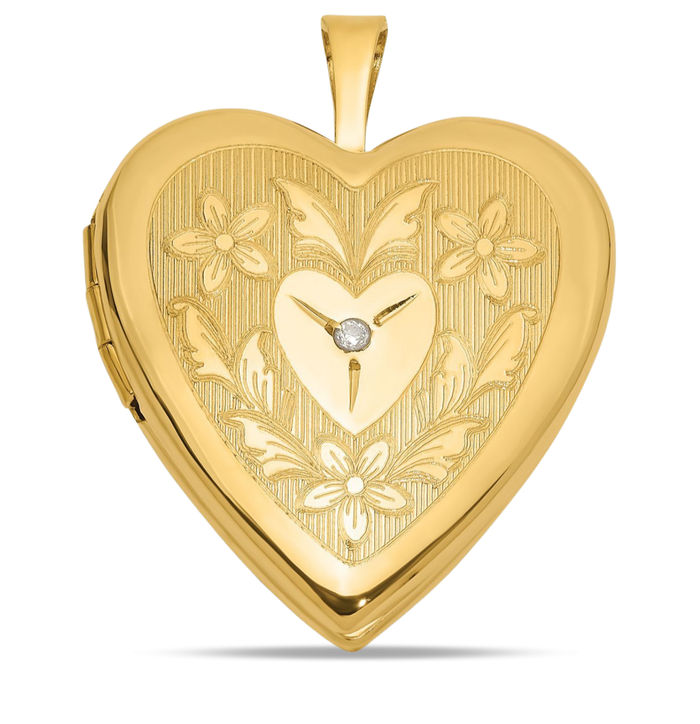 14K Solid Yellow Gold Flower Diamond Heart Personalized Photo Locket Necklace Picture Pendant Charm