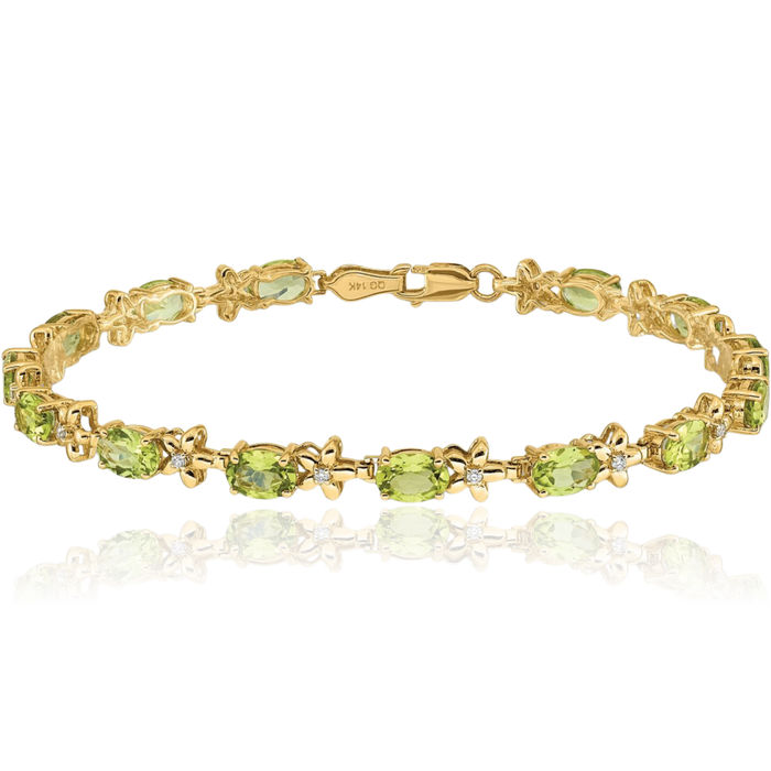 14K Solid Yellow Gold Flower Diamond Green Peridot Chain Gemstone Tennis Bracelet