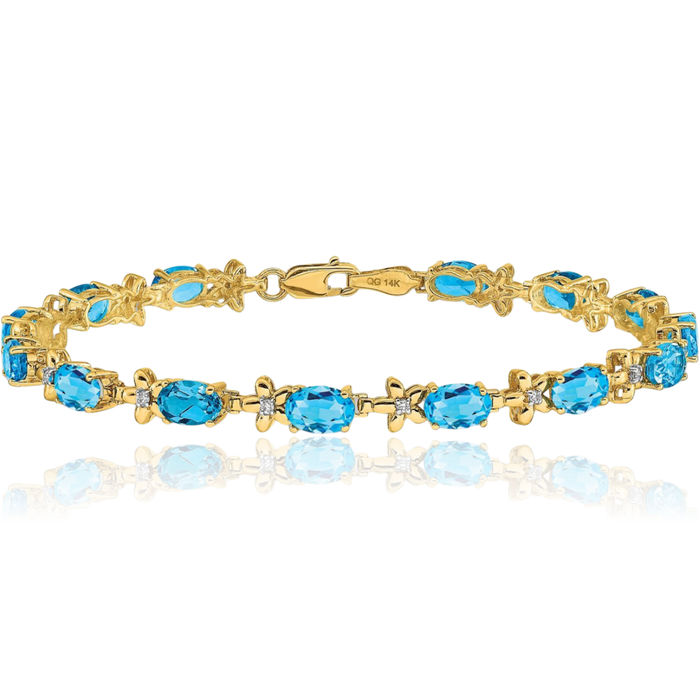 14K Solid Yellow Gold Flower Diamond Swiss Blue Topaz Chain Tennis Charm Bracelet