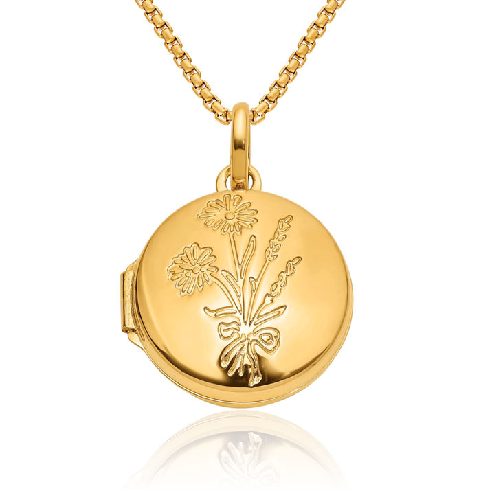 14K Solid Yellow Gold Flower Granddaughter Reversible Round Personalized Photo Locket Necklace Picture Pendant Charm