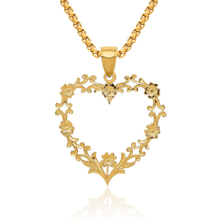 14K Solid Yellow Gold Flower Heart Necklace Love Pendant Charm