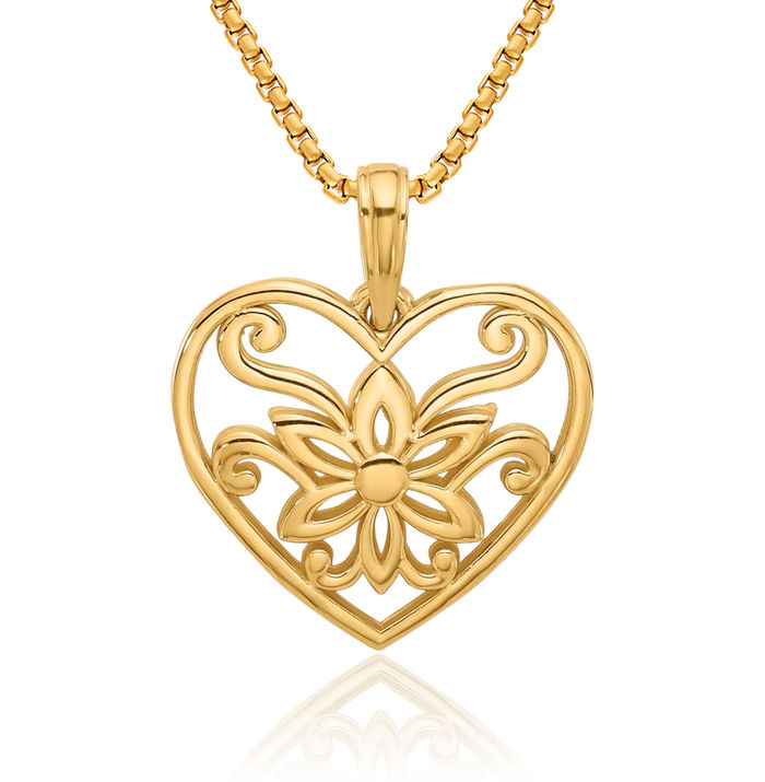 14K Solid Yellow Gold Flower Heart Necklace Love Pendant Charm