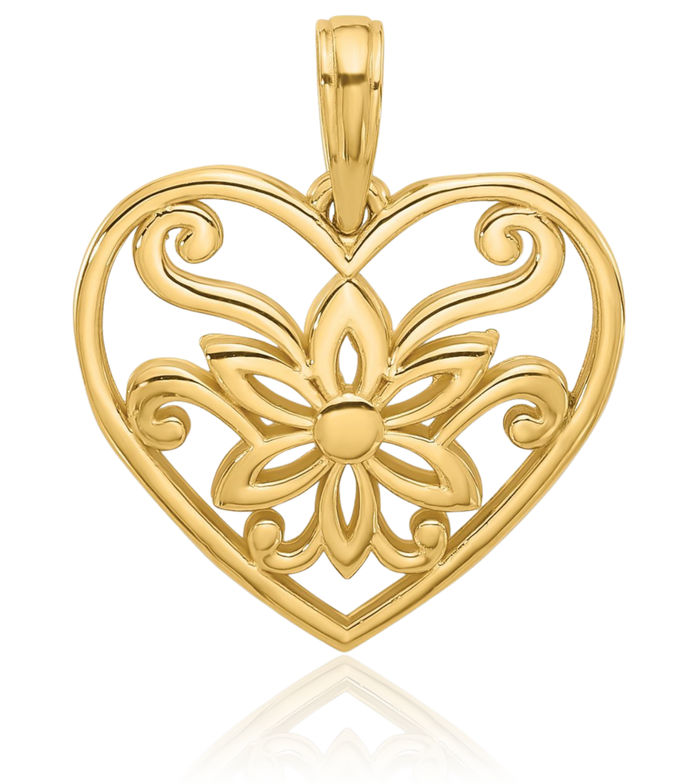 14K Solid Yellow Gold Flower Heart Necklace Love Pendant Charm