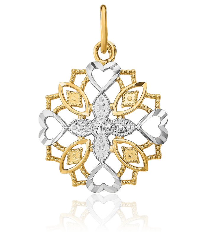 14K Solid Yellow Gold Flower Heart Necklace Love Pendant Charm