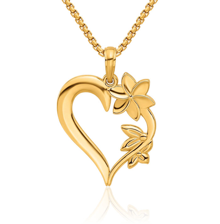 14K Solid Yellow Gold Flower Heart Necklace Love Pendant Charm