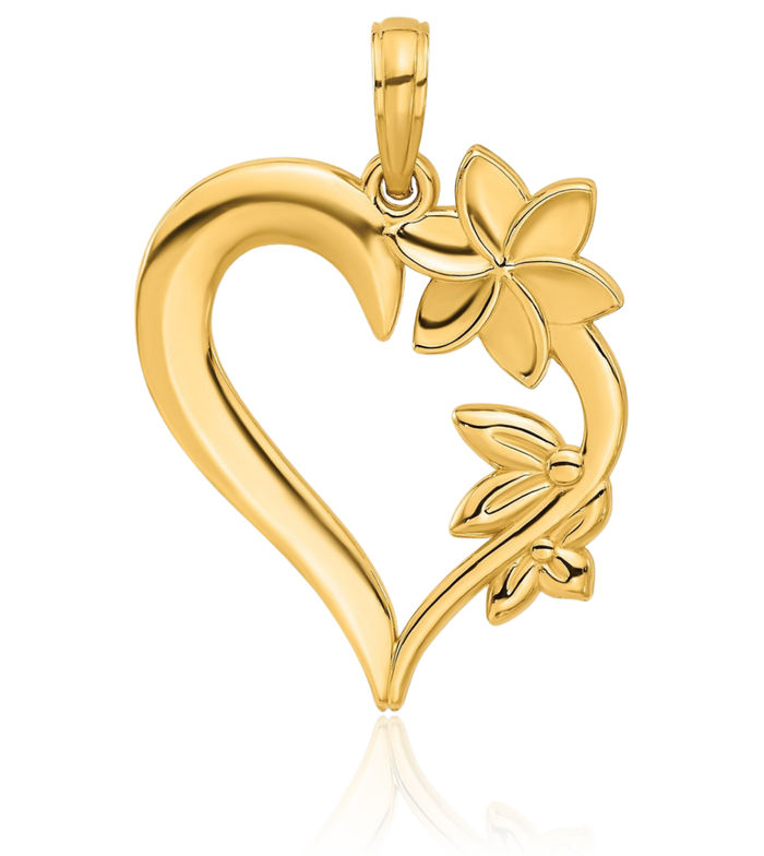 14K Solid Yellow Gold Flower Heart Necklace Love Pendant Charm