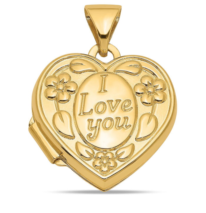 14K Solid Yellow Gold Flower I Love You Heart Personalized Photo Locket Necklace Picture Pendant Charm