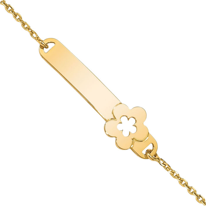 14K Solid Yellow Gold Flower Name Bar Identification ID Bracelet