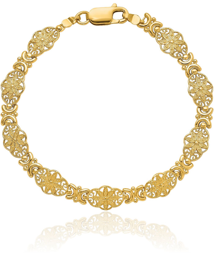 14K Solid Yellow Gold Flower Link Chain Bracelet