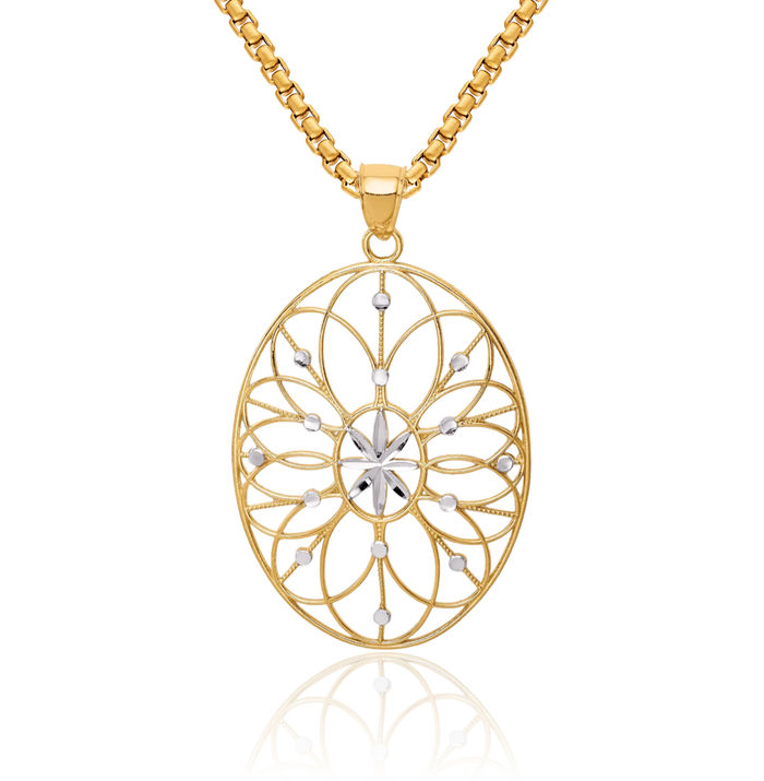 14K Solid Yellow Gold Flower Medallion Necklace Chain Pendant Charm