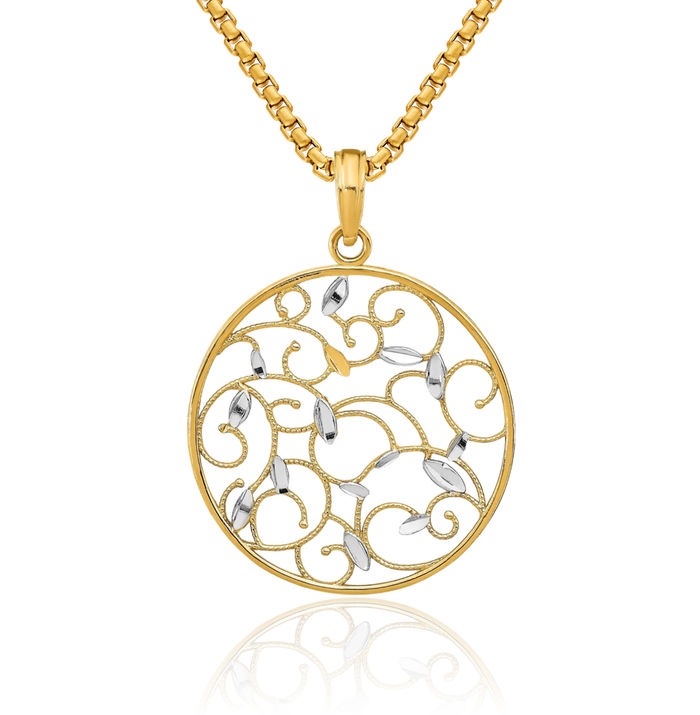 14K Solid Yellow Gold Flower Medallion Necklace Chain Pendant Charm