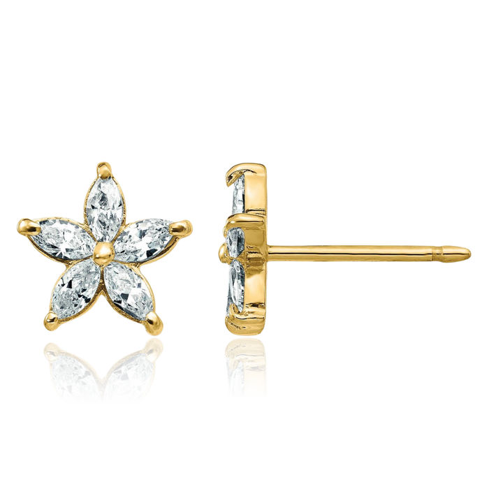 14K Solid Yellow Gold Flower Moissanite Stud Earrings