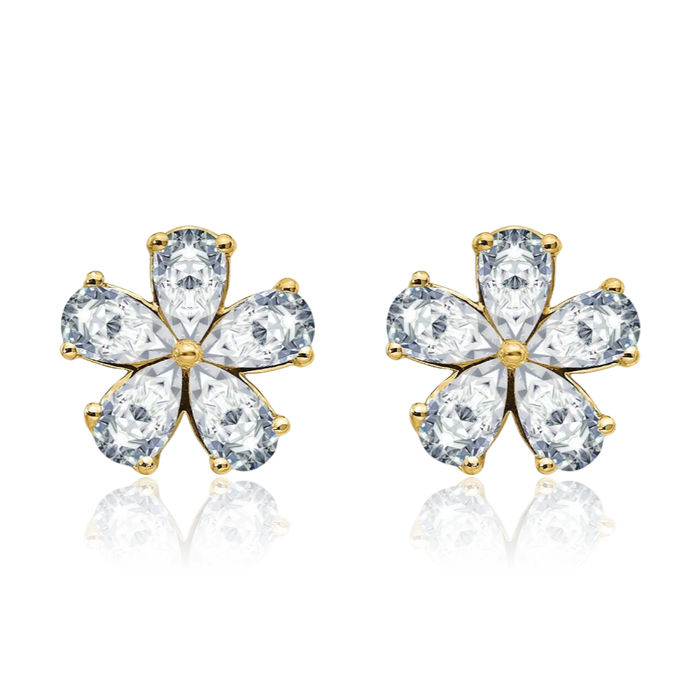 14K Solid Yellow Gold Flower Moissanite Studs Pear Teardrop Gemstone Earrings