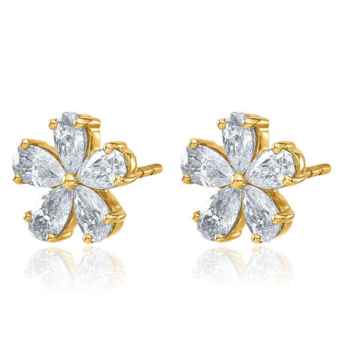 14K Solid Yellow Gold Flower Moissanite Studs Pear Teardrop Gemstone Earrings