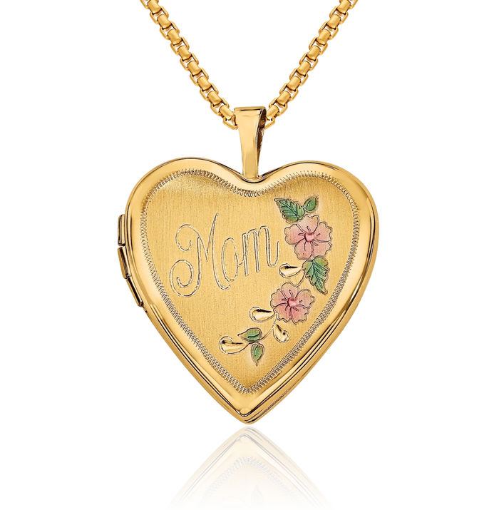 14K Solid Yellow Gold Flower Mom Heart Personalized Photo Locket Necklace Mama Charm Mother Pendant