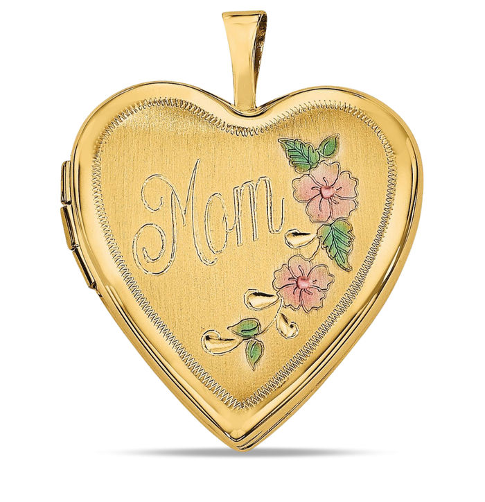 14K Solid Yellow Gold Flower Mom Heart Personalized Photo Locket Necklace Mama Charm Mother Pendant