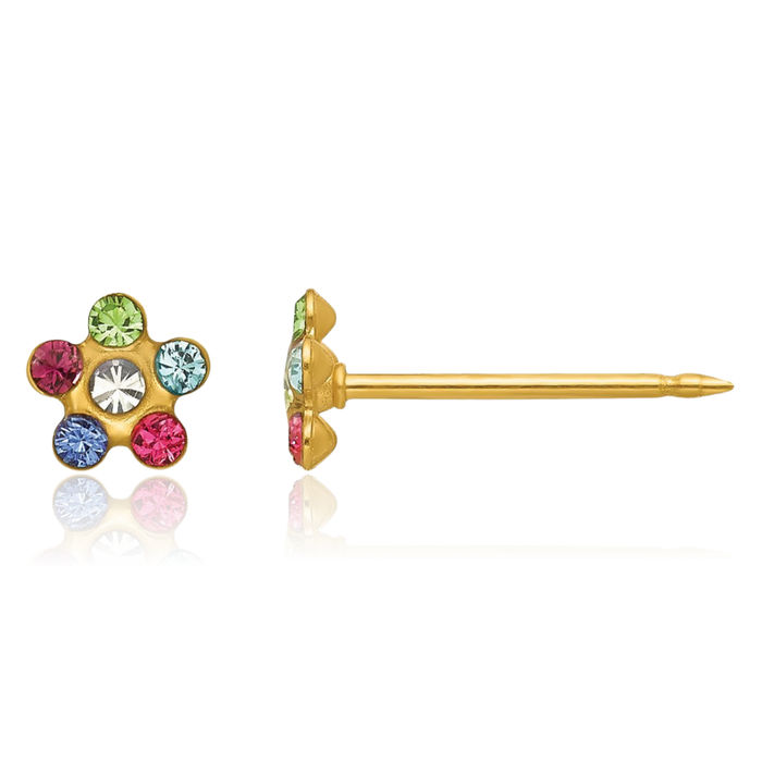 14K Solid Yellow Gold Flower Multi-color Rhinestone Crystals Stud Earrings Ear Piercing Studs