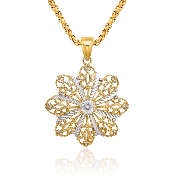14K Solid Yellow Gold Flower Necklace Chain Pendant Charm