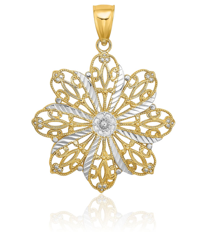 14K Solid Yellow Gold Flower Necklace Chain Pendant Charm