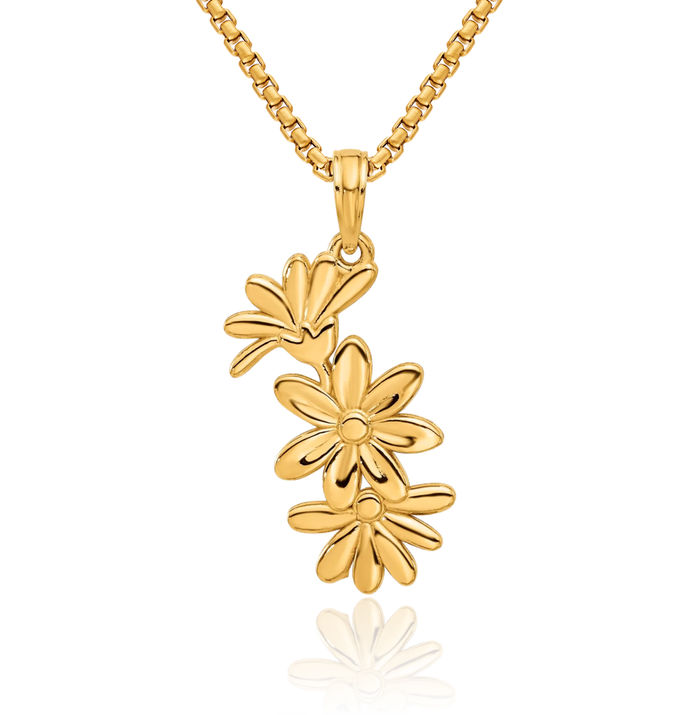 14K Solid Yellow Gold Flower Necklace Chain Pendant Charm