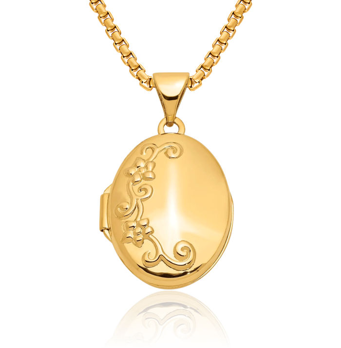 14K Solid Yellow Gold Flower Oval Personalized Photo Locket Necklace Picture Pendant Charm