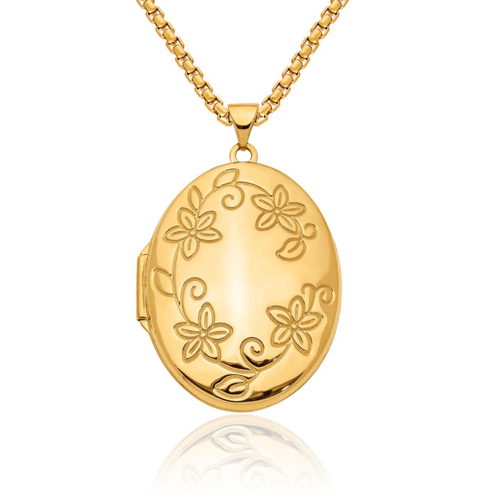 14K Solid Yellow Gold Flower Oval Personalized Photo Locket Necklace Picture Pendant Charm