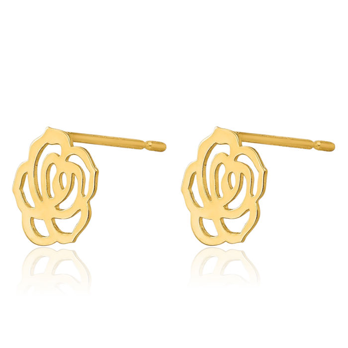 14K Solid Yellow Gold Flower Stud Earrings