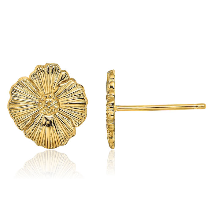 14K Solid Yellow Gold Flower Stud Earrings