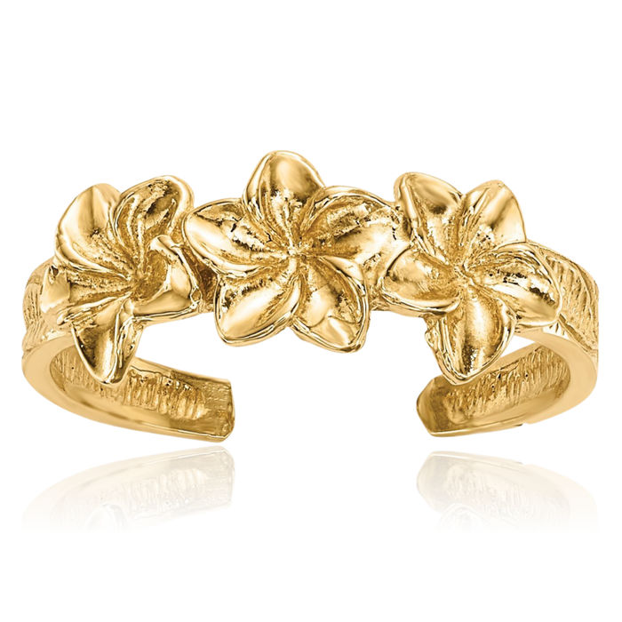 14K Solid Yellow Gold Flowers Adjustable Toe Ring Open Midi Band Summer Beach Jewelry