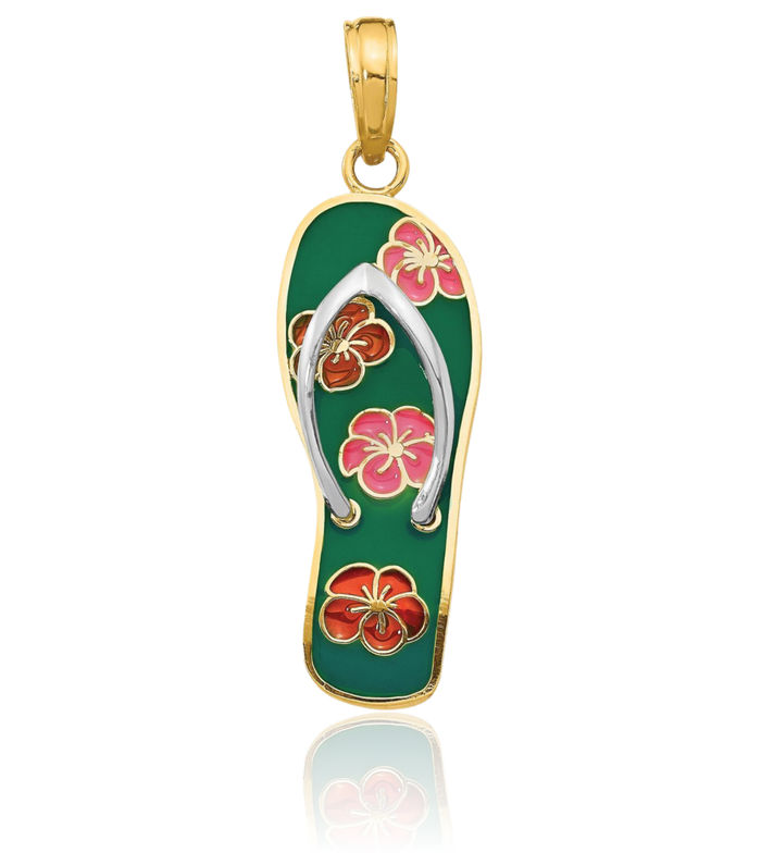 14K Solid Yellow Gold Flowers Green Hawaiian Flip Flop Necklace Beach Sandals Pendant Ocean Vacation Charm