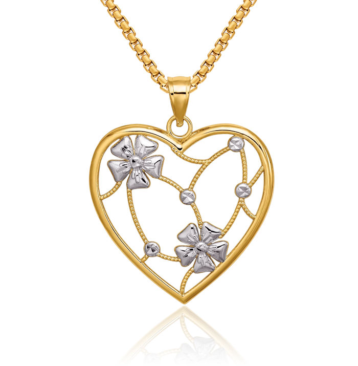 14K Solid Yellow Gold Flowers Heart Necklace Love Pendant Charm