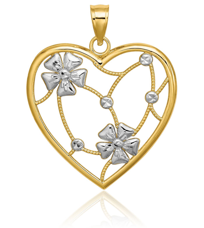 14K Solid Yellow Gold Flowers Heart Necklace Love Pendant Charm