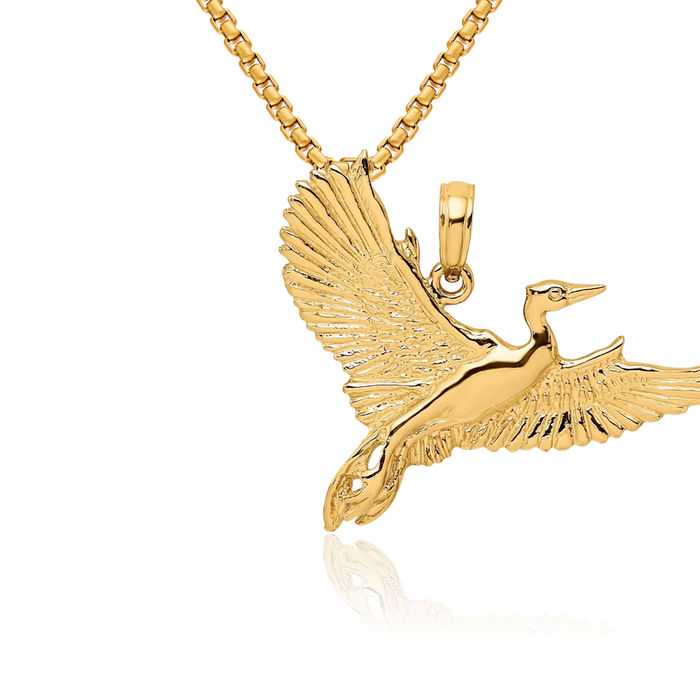 14K Solid Yellow Gold Flying Heron Bird Necklace Chain Pendant Charm