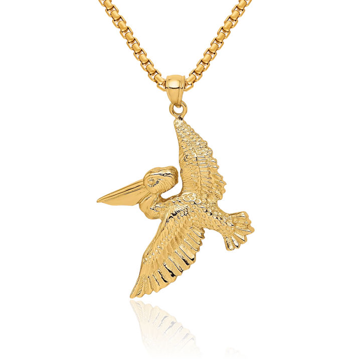 14K Solid Yellow Gold Flying Pelican Symbol of Focus Persistence Bird Necklace Chain Pendant Charm