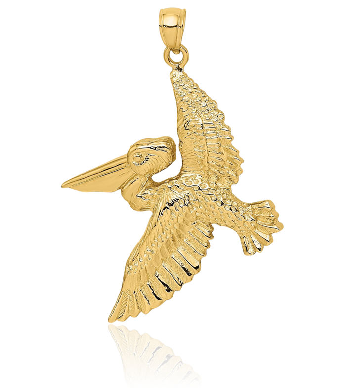 14K Solid Yellow Gold Flying Pelican Symbol of Focus Persistence Bird Necklace Chain Pendant Charm