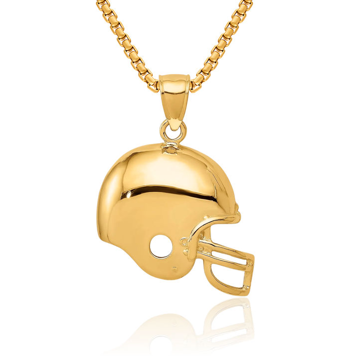 14K Solid Yellow Gold Football Helmet Necklace Charm Sports Pendant