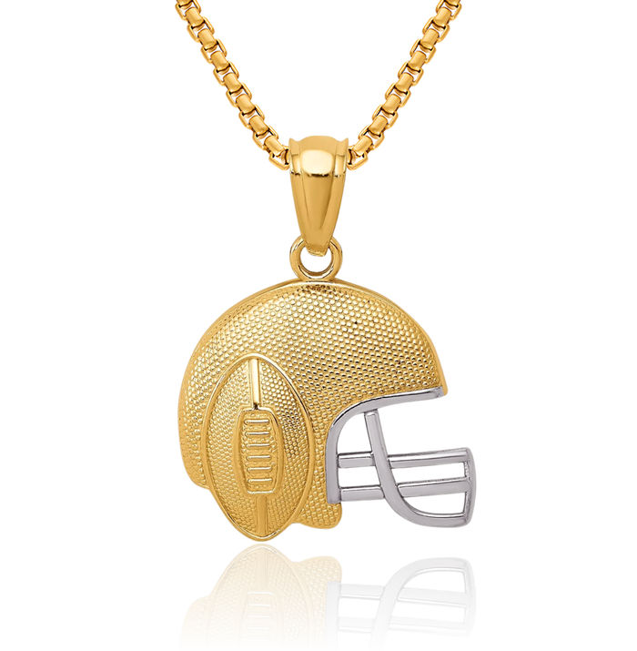 14K Solid Yellow Gold Football Helmet Necklace Charm Sports Pendant