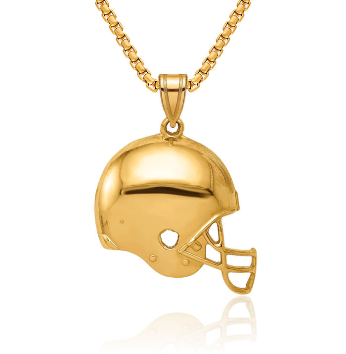 14K Solid Yellow Gold Football Helmet Necklace Charm Sports Pendant