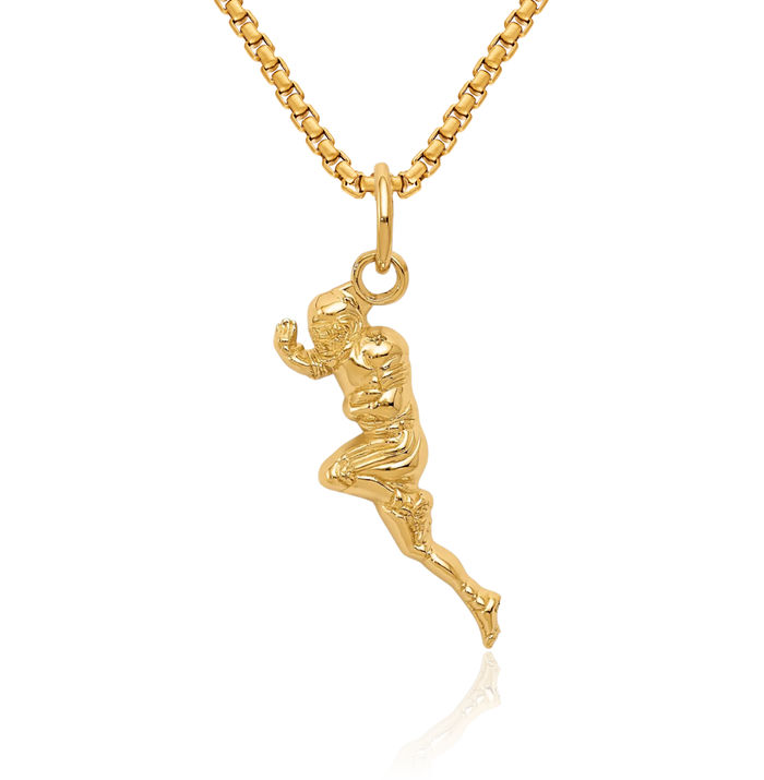 14K Solid Yellow Gold Football Player Necklace Charm Sports Pendant