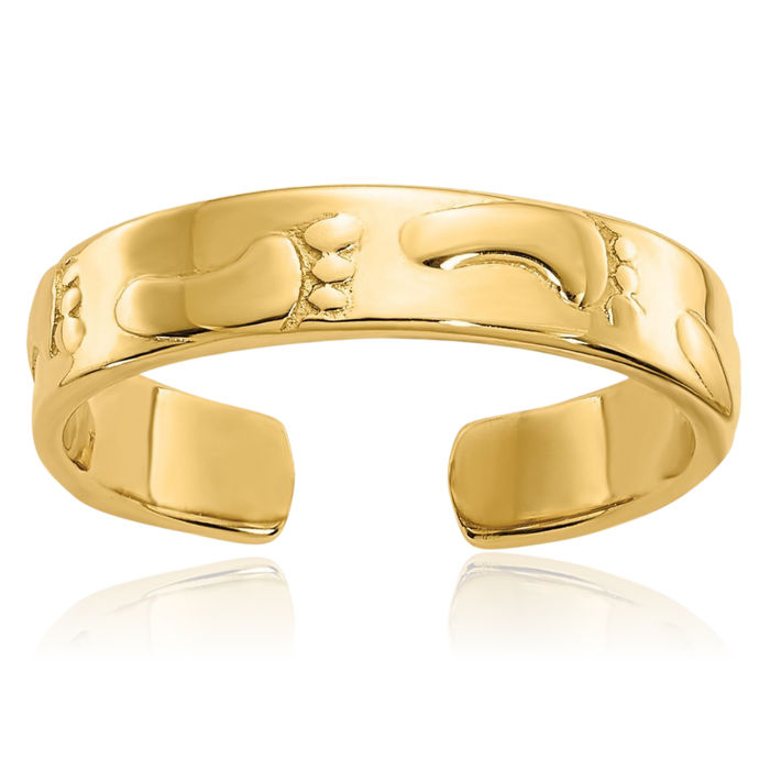 14K Solid Yellow Gold Footprints Adjustable Toe Ring Open Midi Band Summer Beach Jewelry