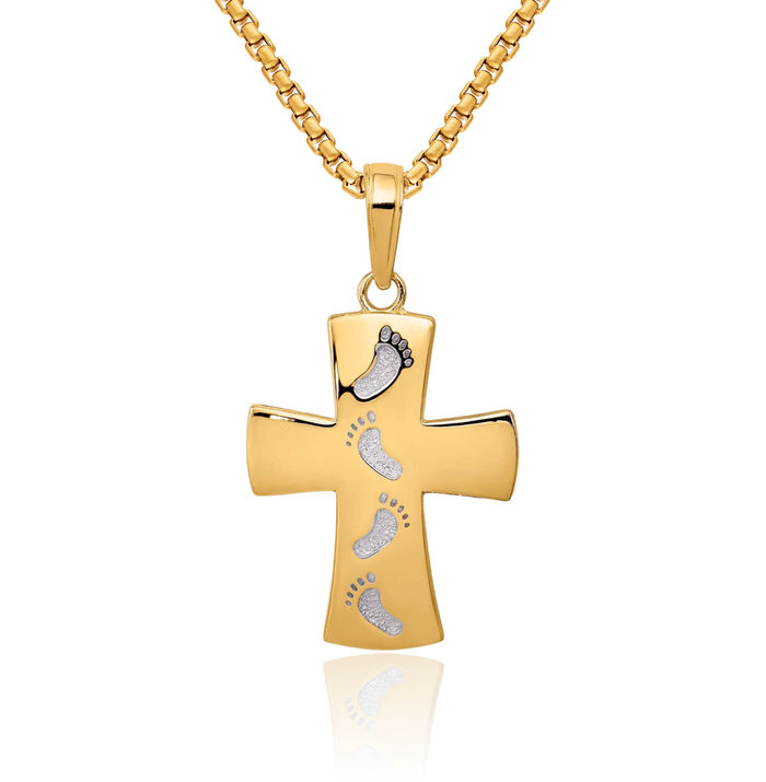 14K Solid Yellow Gold Footprints Latin Mexican Holy Cross Necklace Religious Chain Pendant Jesus Christ Charm