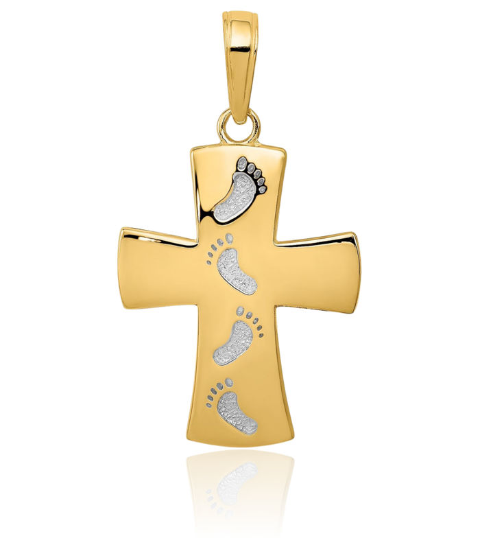 14K Solid Yellow Gold Footprints Latin Mexican Holy Cross Necklace Religious Chain Pendant Jesus Christ Charm